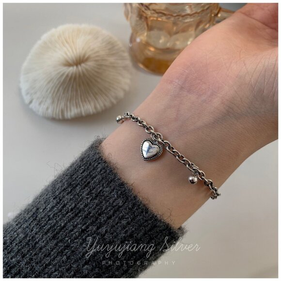 #NEW 925 Sterling Silver Vintage Heart Bead Bracelet - Picture 3 of 11